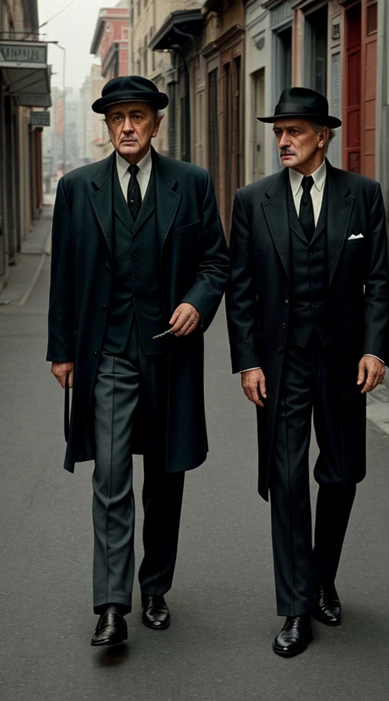 there are two old men walking down the street with a dog, high quality film still, style of the godfather , full color still, in style of vito corleone, still from the movie, movie film still, medium shot of two characters, style of seb mckinnon, two soldier men, promo still, still from a live action movie, movie filmstill