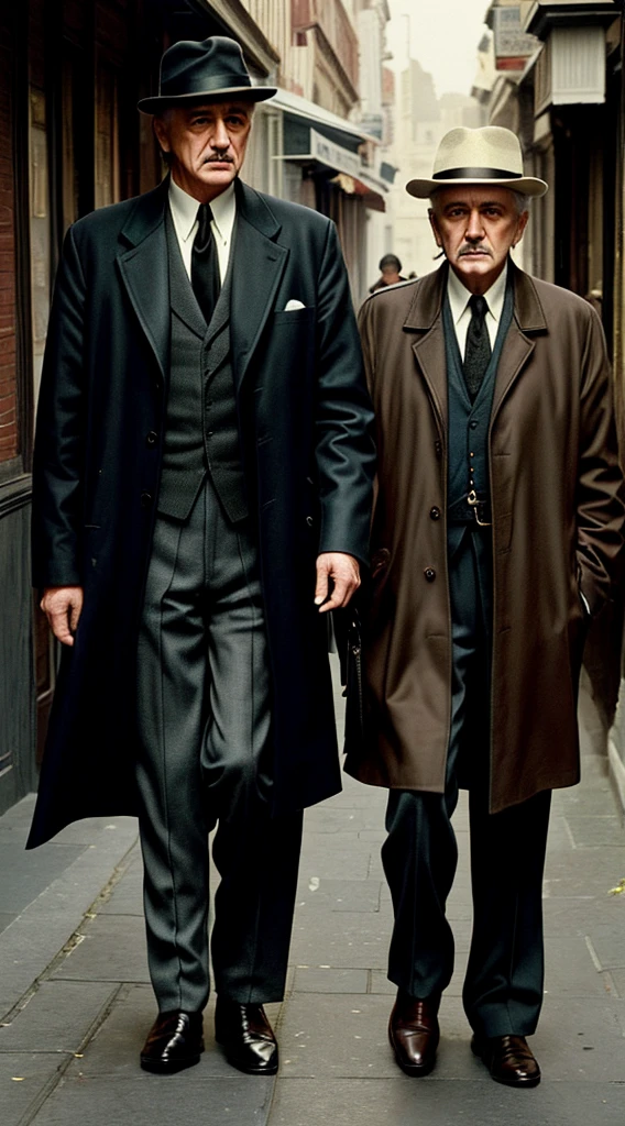 there are two old men walking down the street with a dog, high quality film still, style of the godfather , full color still, in style of vito corleone, still from the movie, movie film still, medium shot of two characters, style of seb mckinnon, two soldier men, promo still, still from a live action movie, movie filmstill