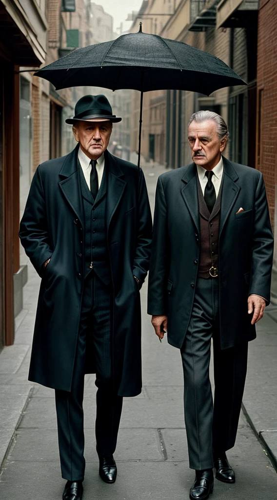 there are two old men walking down the street with a dog, high quality film still, style of the godfather , full color still, in style of vito corleone, still from the movie, movie film still, medium shot of two characters, style of seb mckinnon, two soldier men, promo still, still from a live action movie, movie filmstill