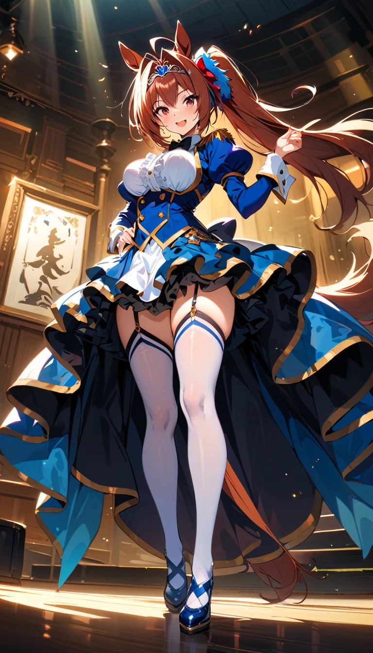 In the city, High resolution, (masterpiece:1.4), Very detailed, One girl, From below, space,Are standing, Noble attire, Sharp focus, (Cinema Lighting), (One girl), smile,The five fingers on each hand are very intricately drawn.,Highest quality,Natural light,Very delicate,Official Art,Strike a Pose,{{{Sitting with Knees Up on sofa at living, spread legs:1.4}}},{{{skirt lift:1.5, show off mesh blue Panties:1.4, cameltoe:1.25}}},
