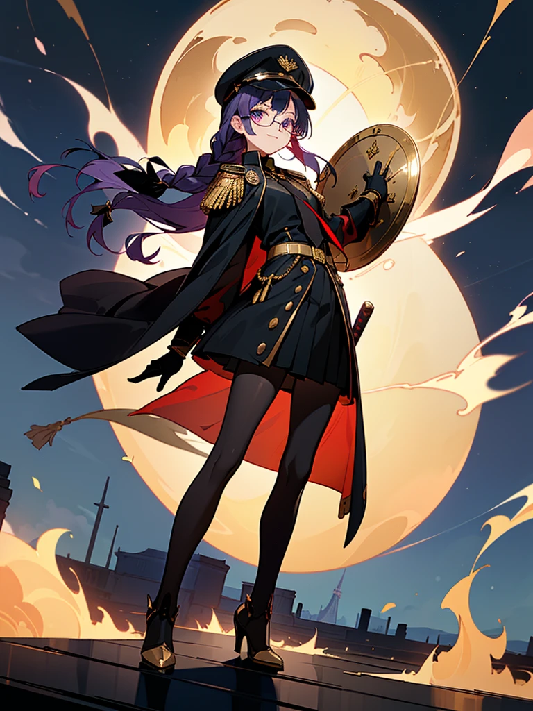 realisitic, City Deserted, Pile of rubble, Brick building, a one woman (18 years old, far away blackw hair, far away slits, Eyes red, glare eyes, 精致的面容, standing (In floor, feet shoulder-width apart), Lolita style military uniform (blackw base, Red Insert, golden decoration, volantes, wide sleeves, dainty and delicate detailing armors), blackw far away gloves (blackw, Red Insert, golden decoration, small hands, armors), blackw far away gloves, knee high boots (blackw, high-heels, red soles), ha (blackw, aba dourada, shield emblem, delicate details), arms in front, Front of belly, Holding military swords with both hands (blackw, golden decoration, delicate detail, Handle at the top, Ground-facing blade, in front of the body, far away), night sky (blackw, stele, Increased flames and smoke) Pale painting style, One Girl, super high quality, Super Detail, Super Detailed image, long hair, looking at viewer, skirt, shirt, hair ornament, violet eyes, gloves, round glasses, long sleeves, hat, closed mouth, jacket, violet hair, braid, open clothes, necktie, black gloves, black skirt, uniform, single braid, open jacket, black jacket, black headwear, 手链, Peaked cap, black necktie, cropped jacket, military hat, pantyhose, Flat Chest, smile, Black Cape