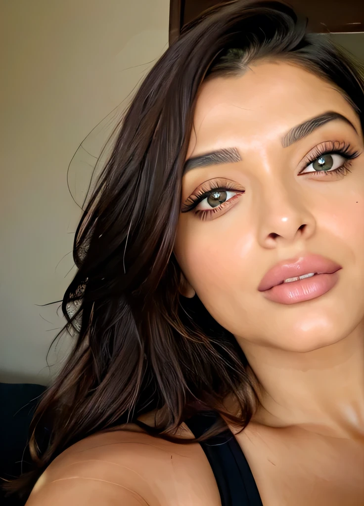 Homemade selfie from mobile phone,photorealistic, [:intricate details:0.3], best quality, photo of beautiful Aishwarya Rai Bachchan Indian actress 45y old woman, with brown hair, detailed skin, (like a plus size:1.1), (beautiful round shape breasts:1.1), (big ass:1.1), graceful body structure, from front, looking at viewer, natural color, perfect viewpoint, highly detailed, wide-angle lens, hyper realistic, with dramatic sky, polarizing filter, natural lighting, vivid colors, everything in sharp focus, HDR, UHD, K Photorealistic, Hyperrealistic, Hyperdetailed, analog style, detailed skin, matte skin, soft lighting, subsurface scattering, realistic, heavy shadow, masterpiece, best quality, ultra realistic, 8k, golden ratio, Intricate, High Detail, film photography, soft focus, plus size, huge , thick figure, huge hanging ,  wearing black, bursting out, selfie, selfie on mobile