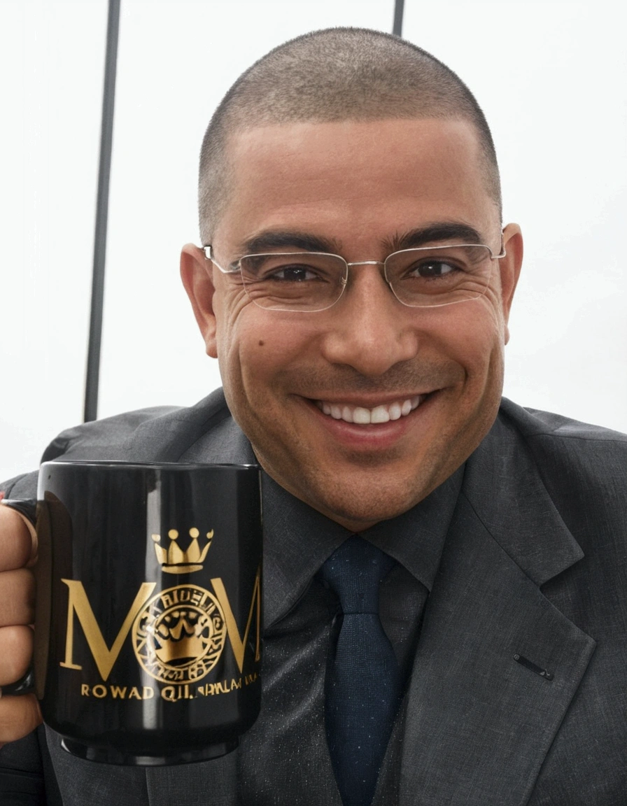 smiling man in a suit holding a coffee mug with a crown, emad mostaque, mohamed reda, Jose Moncada, Mohammed Chahin, Ronaldo Nazario, alex malveda, Mario Martinez, vitor maristane, foto perfil, Daniel Mirante, david rios ferreira, Ahmed Merhab, Maher is moody, Ronaldo Nazario fenomeno