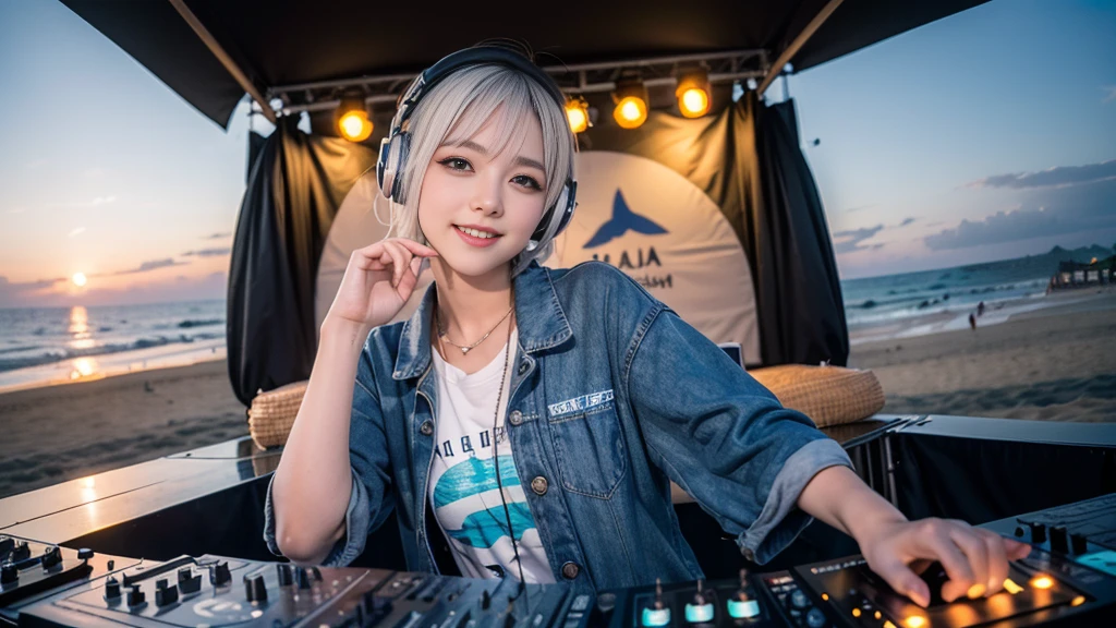(ultra - detailed, 16K resolution, Cinema lenses, rendering by octane), (high resolution:1.18), intricate detail, (masterpiece:1.1), (highest quality:1.1), (1girl, portrait, white hair, blue eyes, short hair, detailed eyes),Wearing silver DJ headphones, sequined T-shirt, (in the beach:1.5), (Iconic hip-hop pop costumes:1.3), Smile while DJing on stage, DJ studio next to the beach, ((A stylish DJ stage on a hill overlooking the beach)), full body shot, Photorealistic photography by Sunshine, (cute round face:1.3), perfect fingers, five fingers, beautiful hands, perfect hands. master peace, cute smile, Fixhand.