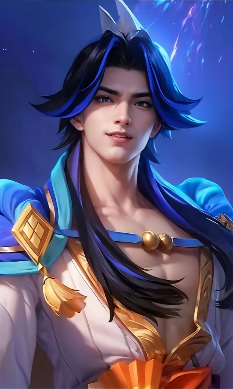 An 8k masterpiece, highest resolution, every detail, meticulous detail, depth of field, bright colors, beautiful composition: anime character Gohan impresses with his black hair and glowing eyes Beautifully detailed lighting, standing against a dark and ominous background. This handsome demon slayer is the epitome of bad guys in the fantasy art. wearing a shirt.