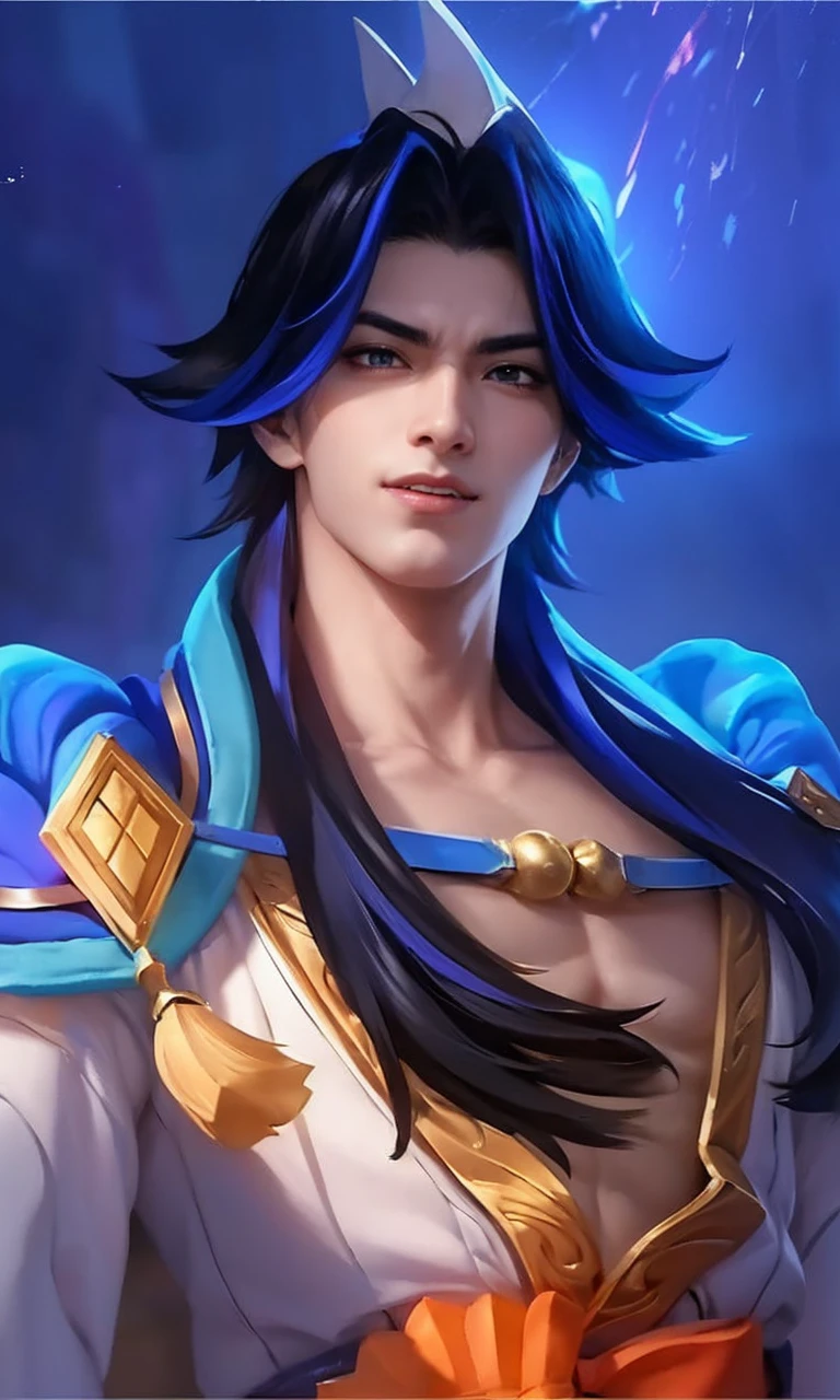 An 8k masterpiece, highest resolution, every detail, meticulous detail, depth of field, bright colors, beautiful composition: anime character Gohan impresses with his black hair and glowing eyes Beautifully detailed lighting, standing against a dark and ominous background. This handsome demon slayer is the epitome of bad guys in the fantasy art. wearing a shirt.