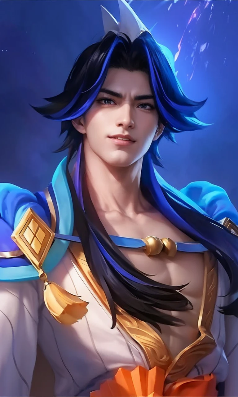 An 8k masterpiece, highest resolution, every detail, meticulous detail, depth of field, bright colors, beautiful composition: anime character Gohan impresses with his black hair and glowing eyes Beautifully detailed lighting, standing against a dark and ominous background. This handsome demon slayer is the epitome of bad guys in the fantasy art. wearing a shirt.