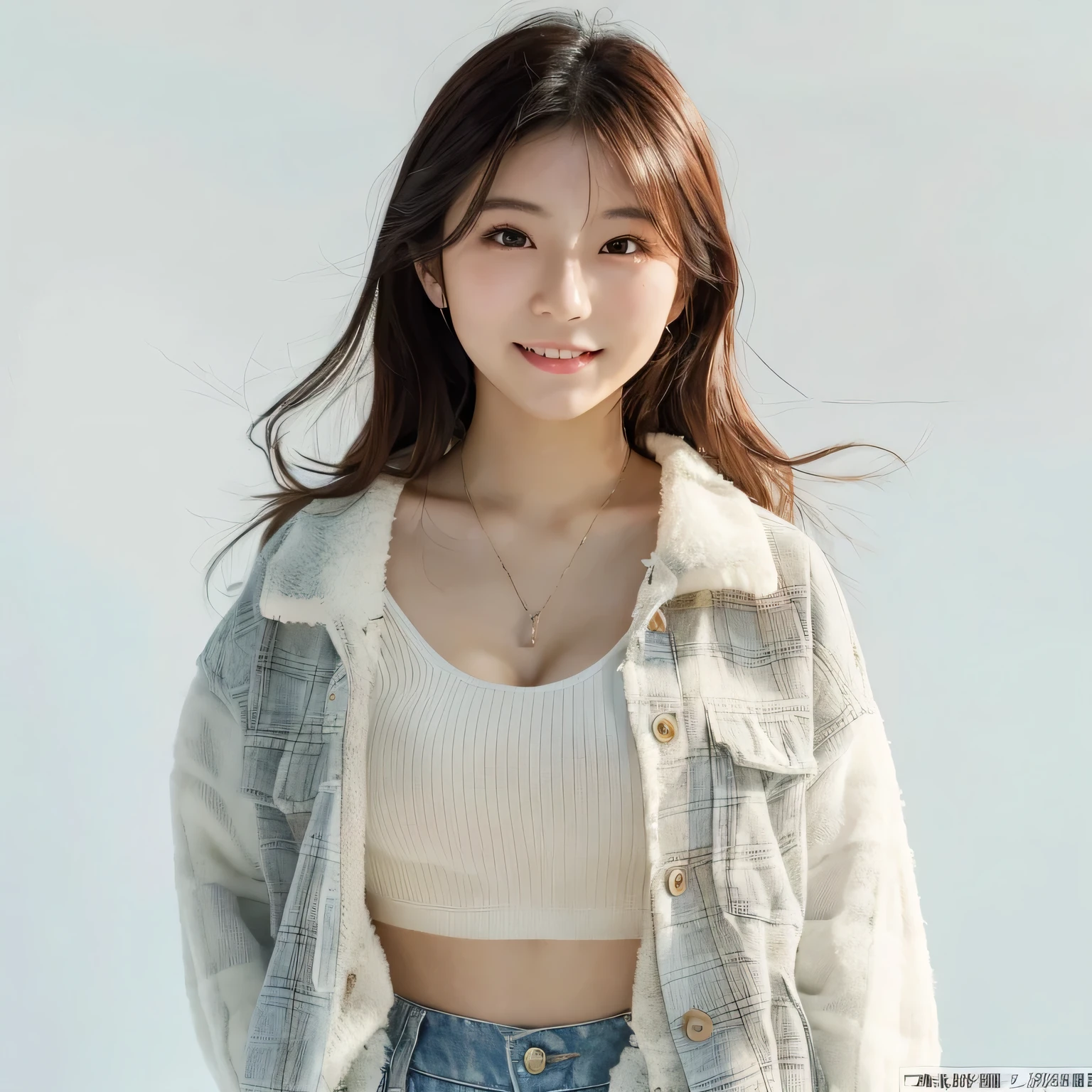 A 27-year-old Japanese female influencer, who looks quite mature but is short and has a  face, appearing around 19 years old. Wearing casual fashion with shorts, with C-cup breasts slightly pushed together so that a cleavage is visible, with a bright smile,Full body shot, high-resolution, extremely realistic image.