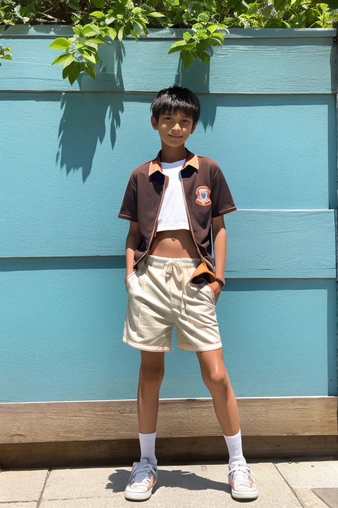 A tanned 12-year-old Japanese boy modeling in shorts during summer vacation The shorts are off