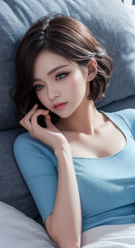 (1girl, 28 year old girl, short black hair, brown eyes, perfect figure, transparent skin, modest chest, cosplay jk , navy blue tie, navy blue skirt, light blue shirt, idol sculpture, bed, sleeping, smooth legs, kind expression (best quality,4k,8k,highres,masterpiece:1.2),ultra-detailed,(realistic,photorealistic,photo-realistic:1.37),beautiful detailed eyes,beautiful detailed lips,extremely detailed eyes and face,longeyelashes,dramatic lighting,cinematic,vibrant colors,warm tones)