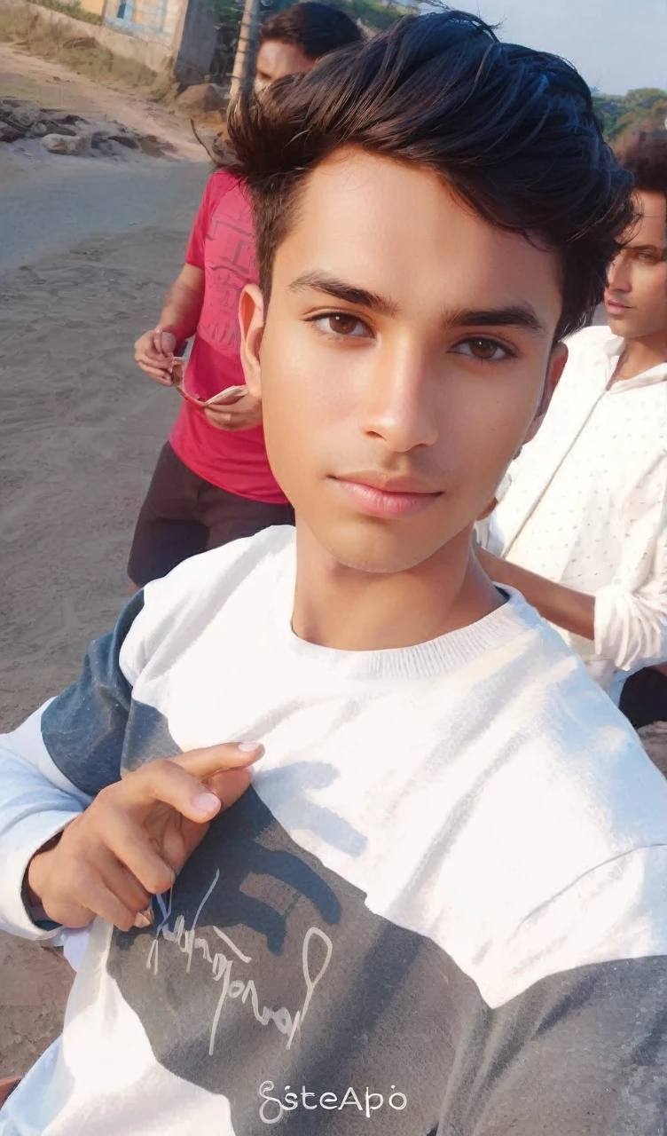 um rapaz com a pele branca, but more tanned at around 18 years old, almond brown eyes, black hair with a basic blue bandana on the forehead, com uma camiseta laranja, em um acampamento, include Percy Jackson reference. Usando uma jaqueta do homem aranha, (estilos: desenho,caarton um pouco realista)