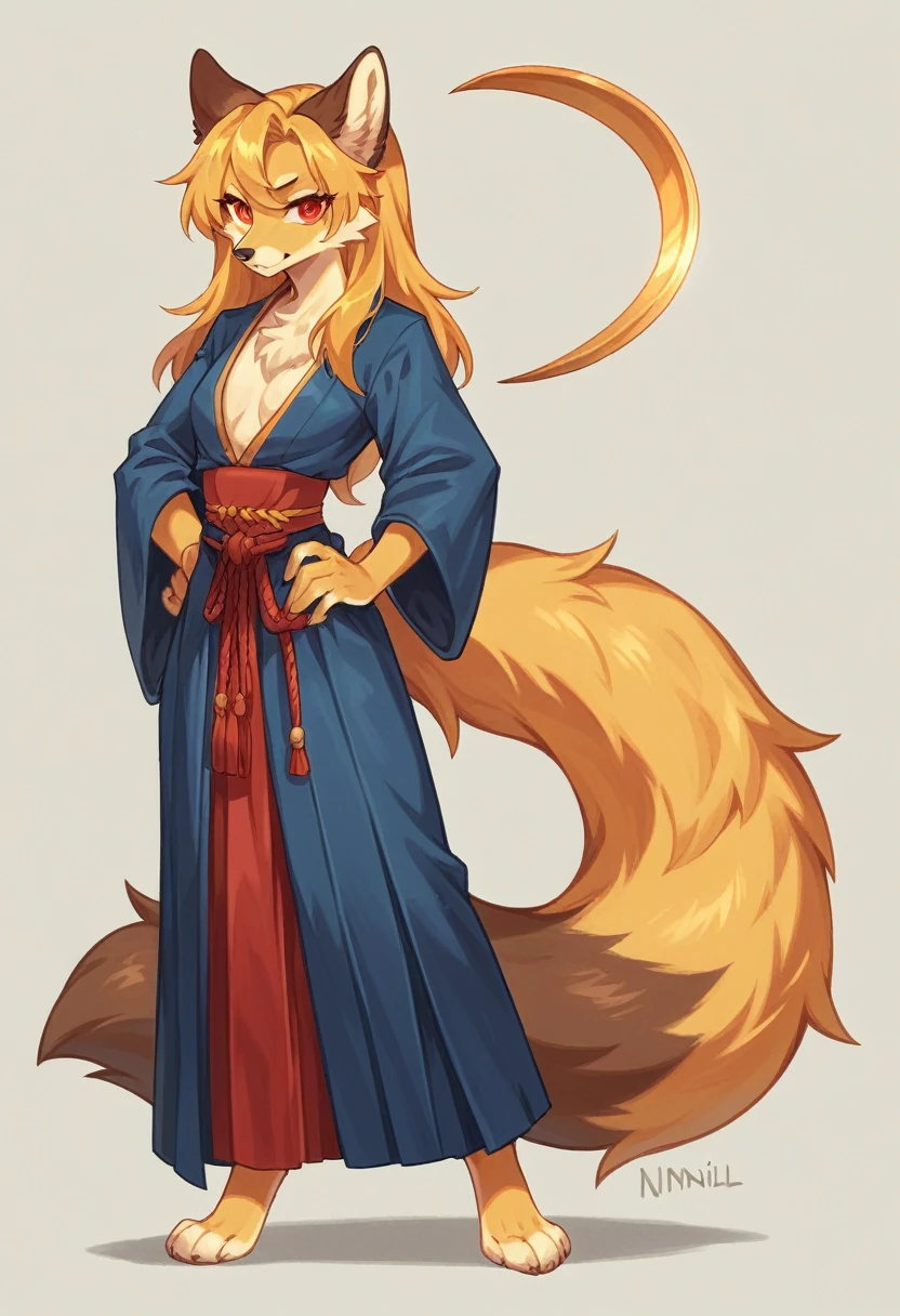 (full body,,The left hand is on the hip),((The right hand is out in front,Nine-tailed tail,Ultra delicate,A sword in a sheath at his waist)),small breasts,Adult female fox, Furry, Golden fur, Golden facial fur, long golden hair, The hair on his hands is golden, Golden yellow hair on the back of the hand, Light-filled eyes, Red eyes, Brown elements of fur,Dark blue kimono,Dark blue hakama,Very fine fur, Fluffy tail,