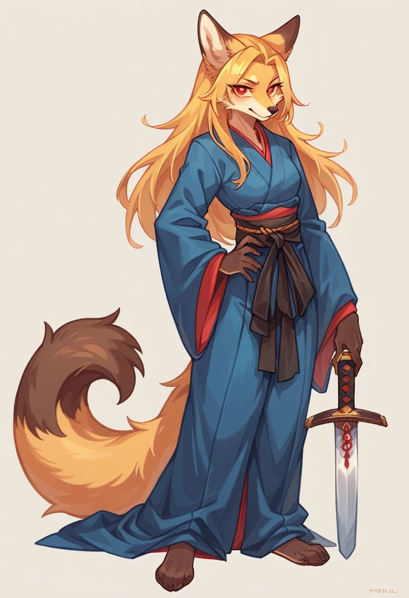(full body,,The left hand is on the hip),((The right hand is out in front,Nine-tailed tail,Ultra delicate,A sword in a sheath at his waist)),small breasts,Adult female fox, Furry, Golden fur, Golden facial fur, long golden hair, The hair on his hands is golden, Golden yellow hair on the back of the hand, Light-filled eyes, Red eyes, Brown elements of fur,Dark blue kimono,Dark blue hakama,Very fine fur, Fluffy tail,