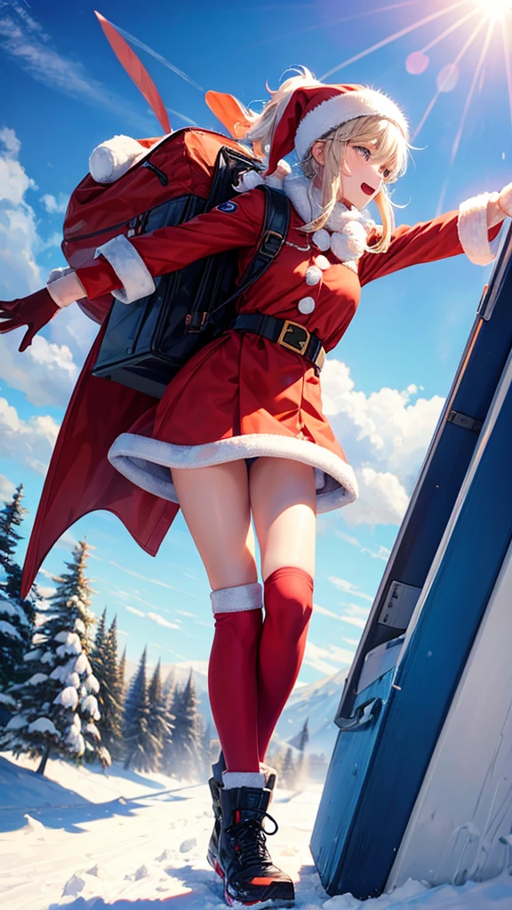 A girl dressed as Santa skiing