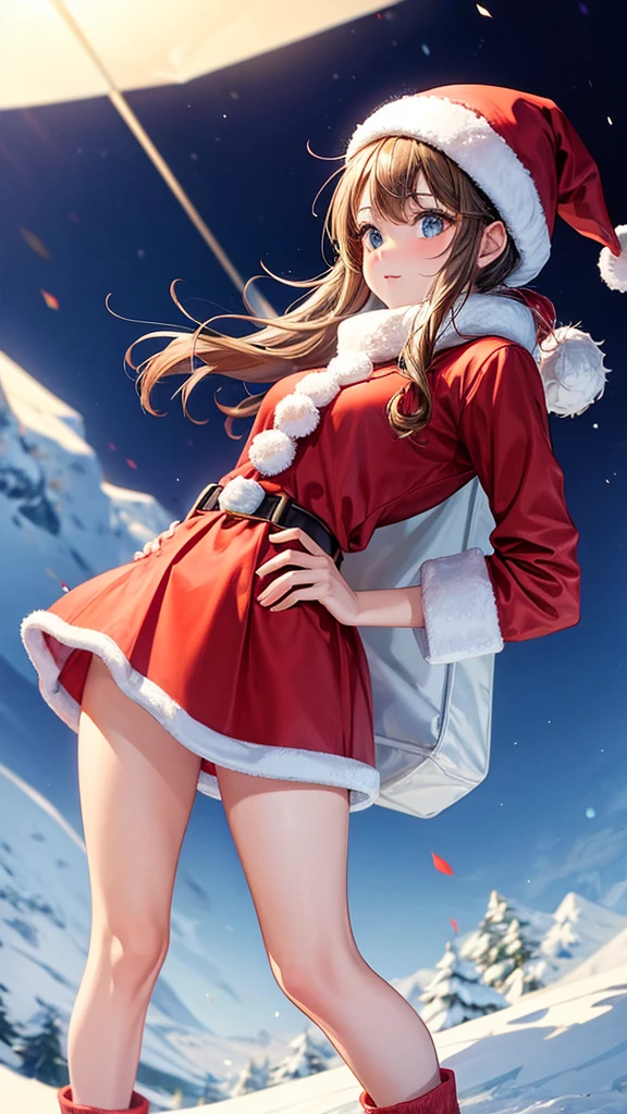 A girl dressed as Santa skiing