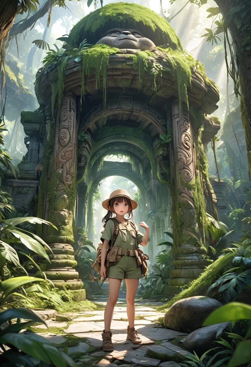 Jungle Adventure:1.2, a beautiful cute young girl jungle explorer, lost ancient civilization, overgrown ruins hidden in the vast jungle, intricate carvings on the ruins, girl with amazed expression and action pose, detailed portrait, (highest quality,16k,highres,masterpiece:1.2),ultra-detailed,(hyper-realistic,photo-realistic:1.37),detailed jungle environment, lush greenery, sunlight filtering through the canopy, moss-covered stone, weathered architecture, ancient artifacts, sense of wonder and discovery