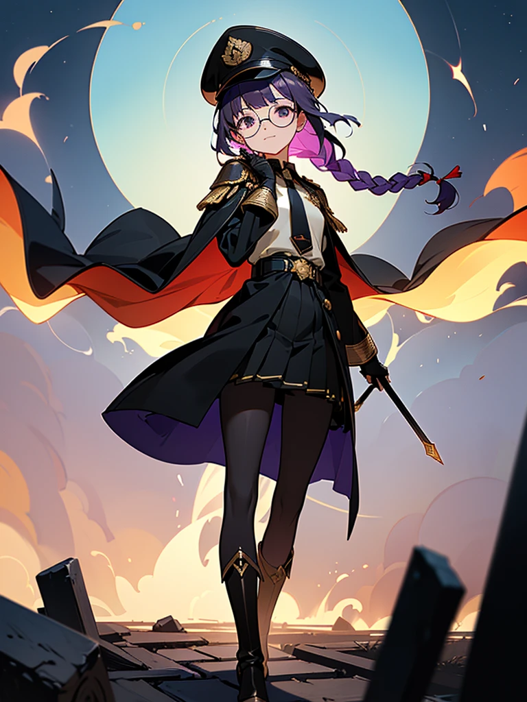 realisitic, City Deserted, Pile of rubble, Brick building, a one woman (18 years old, far away blackw hair, far away slits, Eyes red, glare eyes, 精致的面容, standing (In floor, feet shoulder-width apart), Lolita style military uniform (blackw base, Red Insert, golden decoration, volantes, wide sleeves, dainty and delicate detailing armors), blackw far away gloves (blackw, Red Insert, golden decoration, small hands, armors), blackw far away gloves, knee high boots (blackw, high-heels, red soles), ha (blackw, aba dourada, shield emblem, delicate details), arms in front, Front of belly, Holding military swords with both hands (blackw, golden decoration, delicate detail, Handle at the top, Ground-facing blade, in front of the body, far away), night sky (blackw, stele, Increased flames and smoke) Pale painting style, One Girl, super high quality, Super Detail, Super Detailed image, long hair, looking at viewer, skirt, shirt, hair ornament, violet eyes, gloves, round glasses, long sleeves, hat, closed mouth, jacket, violet hair, braid, open clothes, necktie, black gloves, black skirt, uniform, single braid, open jacket, black jacket, black headwear, 手链, Peaked cap, black necktie, cropped jacket, military hat, pantyhose, Flat Chest, smile, Black Cape