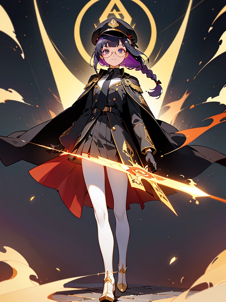 realisitic, City Deserted, Pile of rubble, Brick building, a one woman (18 years old, far away blackw hair, far away slits, Eyes red, glare eyes, 精致的面容, standing (In floor, feet shoulder-width apart), Lolita style military uniform (blackw base, Red Insert, golden decoration, volantes, wide sleeves, dainty and delicate detailing armors), blackw far away gloves (blackw, Red Insert, golden decoration, small hands, armors), blackw far away gloves, knee high boots (blackw, high-heels, red soles), ha (blackw, aba dourada, shield emblem, delicate details), arms in front, Front of belly, Holding military swords with both hands (blackw, golden decoration, delicate detail, Handle at the top, Ground-facing blade, in front of the body, far away), night sky (blackw, stele, Increased flames and smoke) Pale painting style, One Girl, super high quality, Super Detail, Super Detailed image, long hair, looking at viewer, skirt, shirt, hair ornament, violet eyes, gloves, round glasses, long sleeves, hat, closed mouth, jacket, violet hair, braid, open clothes, necktie, black gloves, black skirt, uniform, single braid, open jacket, black jacket, black headwear, 手链, Peaked cap, black necktie, cropped jacket, military hat, pantyhose, Flat Chest, smile, Black Cape