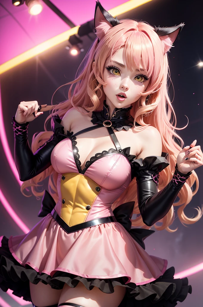 Anime cat woman with blonde pink hair, yellow eyes, pink idol dress dancing and singing 