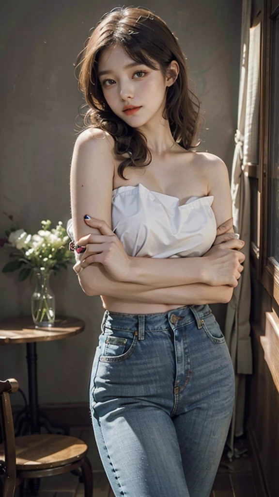 detailed background, masterpiece, best quality, 1 person , curly hair, long hair, purple eyes, star in eye , jeans Strapless blouse, long skirt