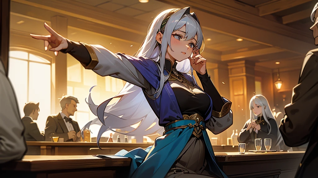 A beautiful woman is sitting and listening to music, a beautiful woman with long grey hair, men and women are enjoying music and dancing at a bar, heartwarming, medieval, minstrel, epic,