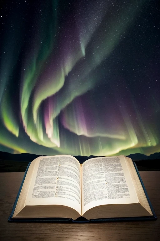 Image of an open Bible with light shining on it. Background with a landscape of a starry sky or aurora, to give a prophetic and mysterious tone.