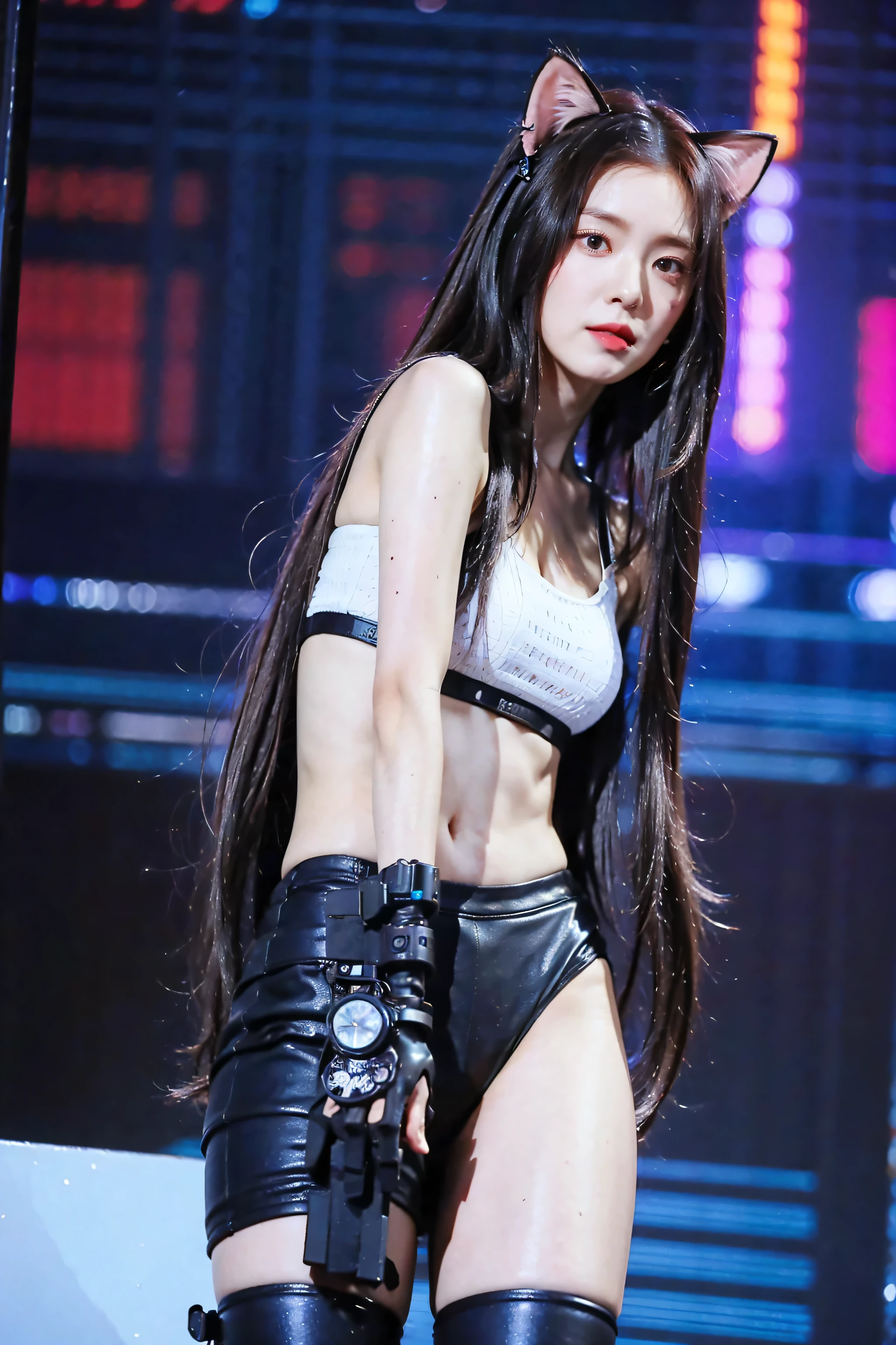 Full body of anime girl with long hair and cat ears in the city, delicate face, beautiful face, 4K Ultra HD, masterpiece, digital cyberpunk anime art, cyberpunk anime girl mech, female cyberpunk anime girl, cyberpunk anime girl, anime cyberpunk art, cute cyborg girl, Digital Cyberpunk - Animation Art, cyberpunk anime art, oppa cyberpunk, animation style 4k, perfect android girl, cyberpunk beautiful girl, beautiful girl cyborg
