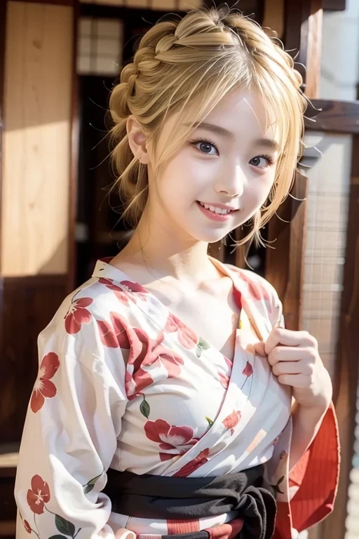 girl in red floral yukata robe, wave at the camera, (hair(blond hair, Updo)), (8k, top quality, high definition, the best masterpiece, childish face, 15 years old, small breasts, balance carefully, I'm watching my audience, big eyes, bilateral symmetrical eyes, laugh showing teeth, yukata, Japan kimono, red floral kimono, red floral yukata with one hand lightly raised and waving, realistic skin, hydrated skin, perfect model body type, photorealistic, raw photo, super cute, Upper body image, front pose), (Background Image(night, Food stalls in Japan))