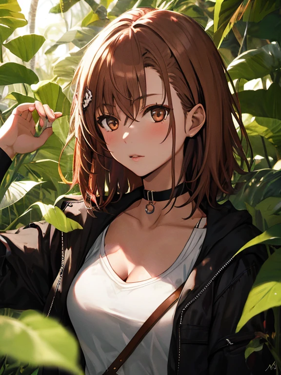 Jungle Adventure, Misaka Mikoto, 1girl, black choker, uhd, retina, masterpiece, ccurate, anatomically correct, textured skin, super detail, high details, high quality, best quality, highres, 4K