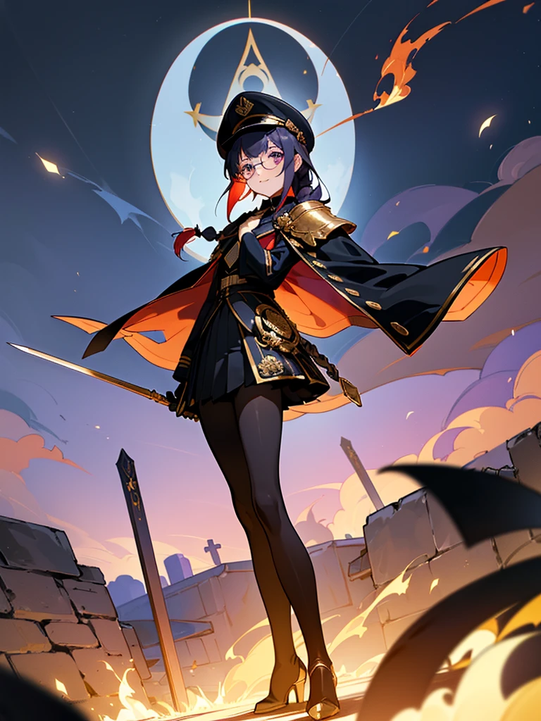 realisitic, City Deserted, Pile of rubble, Brick building, a one woman (18 years old, far away blackw hair, far away slits, Eyes red, glare eyes, 精致的面容, standing (In floor, feet shoulder-width apart), Lolita style military uniform (blackw base, Red Insert, golden decoration, volantes, wide sleeves, dainty and delicate detailing armors), blackw far away gloves (blackw, Red Insert, golden decoration, small hands, armors), blackw far away gloves, knee high boots (blackw, high-heels, red soles), ha (blackw, aba dourada, shield emblem, delicate details), arms in front, Front of belly, Holding military swords with both hands (blackw, golden decoration, delicate detail, Handle at the top, Ground-facing blade, in front of the body, far away), night sky (blackw, stele, Increased flames and smoke) Pale painting style, One Girl, super high quality, Super Detail, Super Detailed image, long hair, looking at viewer, skirt, shirt, hair ornament, violet eyes, gloves, round glasses, long sleeves, hat, closed mouth, jacket, violet hair, braid, open clothes, necktie, black gloves, black skirt, uniform, single braid, open jacket, black jacket, black headwear, 手链, Peaked cap, black necktie, cropped jacket, military hat, pantyhose, Flat Chest, smile, Black Cape