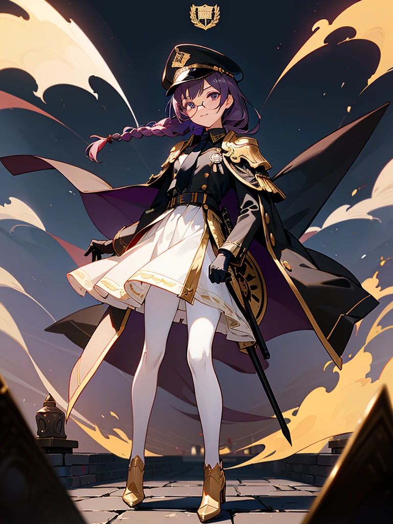 realisitic, City Deserted, Pile of rubble, Brick building, a one woman (18 years old, far away blackw hair, far away slits, Eyes red, glare eyes, 精致的面容, standing (In floor, feet shoulder-width apart), ta style military uniform (blackw base, Red Insert, golden decoration, volantes, wide sleeves, dainty and delicate detailing armors), blackw far away gloves (blackw, Red Insert, golden decoration, small hands, armors), blackw far away gloves, knee high boots (blackw, high-heels, red soles), ha (blackw, aba dourada, shield emblem, delicate details), arms in front, Front of belly, Holding military swords with both hands (blackw, golden decoration, delicate detail, Handle at the top, Ground-facing blade, in front of the body, far away), night sky (blackw, stele, Increased flames and smoke) Pale painting style, One Girl, super high quality, Super Detail, Super Detailed image, long hair, looking at viewer, skirt, shirt, hair ornament, violet eyes, gloves, round glasses, long sleeves, hat, closed mouth, jacket, violet hair, braid, open clothes, necktie, black gloves, black skirt, uniform, single braid, open jacket, black jacket, black headwear, 手链, Peaked cap, black necktie, cropped jacket, military hat, pantyhose, Flat Chest, smile, Black Cape