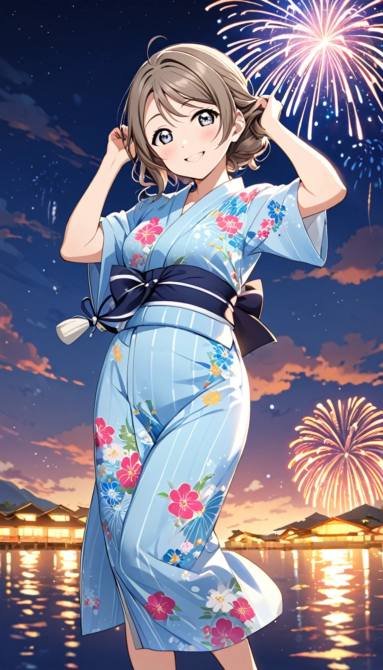 Illustrate You Watanabe from Love Live! Sunshine!!. She is wearing a light blue yukata with floral patterns, holding a fan in one hand. Her hair is styled up, and she's smiling while looking at two distant fireworks. Show her full body，Highest quality, night、The background is Numazu、Tucking her hair behind her ear with her left hand