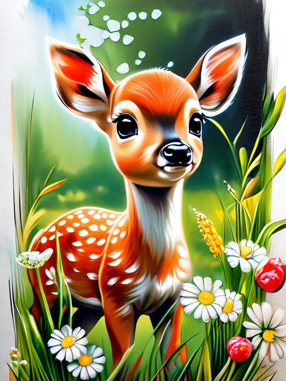 Charcoal Drawing, Colored Pencils, Black Pencil Drawing, Pencil Drawing, Black and White Drawing, Graphite Drawing, Poster Score_9, Score_8_up, Score_7_up, Score_6_up, Score_5_up, Score_4_up, Cute Cartoon Character, Baby Deer Enjoying Spring Flowers, Realistic, Extremely Detailed, painting in the style of artists such as Russ Mills, Sakimichan, Vlop, Leush, Artgerm, Darek Zabrocki and Jean-Baptiste Monge