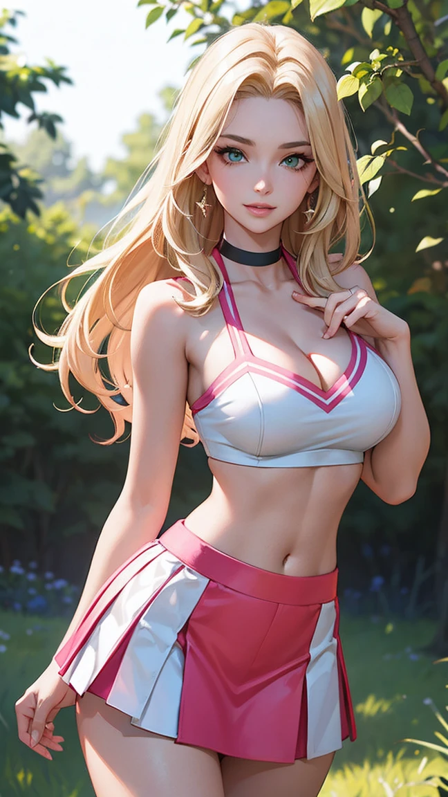 ((greatest masterpiece:1.3, ultimate quality:1.3, ultra-detailed, movie lighting, perfectly sensual)), super fine illustration, an extremely delicate and beautiful, 4K, 8K, 16K, UHD, 1girl, solo, Highest Quality, masterpiece, beautifully detailed eyes, green eyes, long Blonde Hair, Gradient Hair, pink highlights in hair, large , standing, makeup, glossy lips, full lips, (natural lighting), grass, cheerleader outfit, light smile, midriff, collarbone, white miniskirt, cleavaguous, well-proportioned feminine body, anatomically perfect, detailed beautiful face, promotional photo, panel photo, shy charming smile, choker, Seductive pose, anatomically perfect