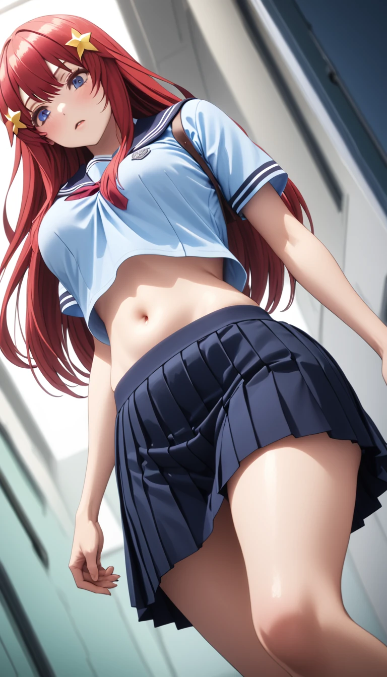 (Highest quality、Masterpiece、Very detailed、4K)、((One Woman))、************、Red Hair、Long Hair、(((Nakano May)))、Star-shaped hair fastening、chest、arm、((Beautiful navel))、((Beautiful thighs))、(((school uniform)))、(skirt)、((Are standing))、((((Angle from directly below))))