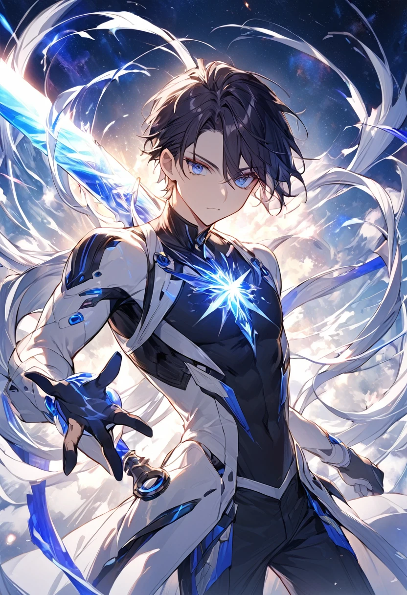 A mysterious male assassin. Imagine him with dark hair and blue highlights, and、Reflects the ability to manipulate time and space、With piercing, starry blue eyes. He was sophisticated, A futuristic outfit that complements his agile and lethal nature. In one hand, Picture him wielding the Infinite Sword, A unique weapon design that matches his extraordinary strength. Captures the essence of his determination and the enigmatic energy that surrounds him.