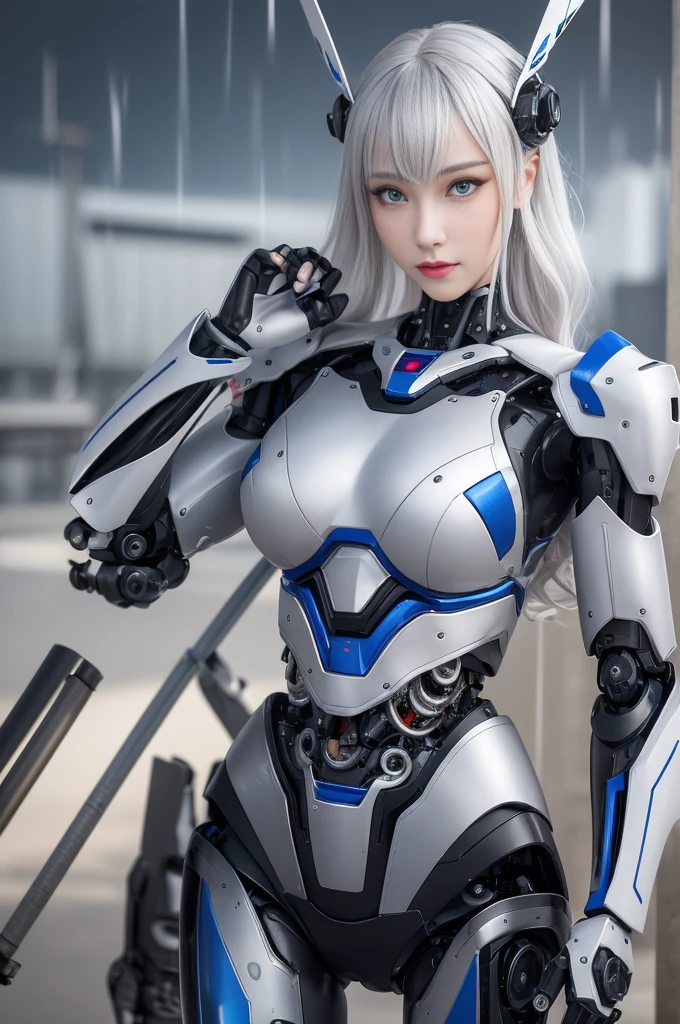 Super Detail, High Detail, high quality, best quality, High resolution,1 female robot,Beautiful female robot,beautiful clear face(Rain waves_haneame:1.5), Realistic, High resolution, Soft Light,Hips up, (Detailed face), silver hair, long hair, Mecha Maiden, Colorful mechanical parts, mechanical joint, Thick mechanical armor,Weaponry, All metal body(Mainly black), Technology Antenna Hair Accessories
