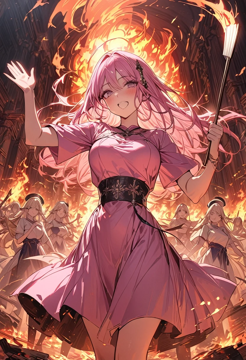 High Frequency: 1.8, Rich details, masterpiece, 8k, Beautiful priestess in a pink shirt standing in front of a fire, Dancing, Waving fan, The fan burns, Flames engulf the High Priestess, Burning battlefield background,  