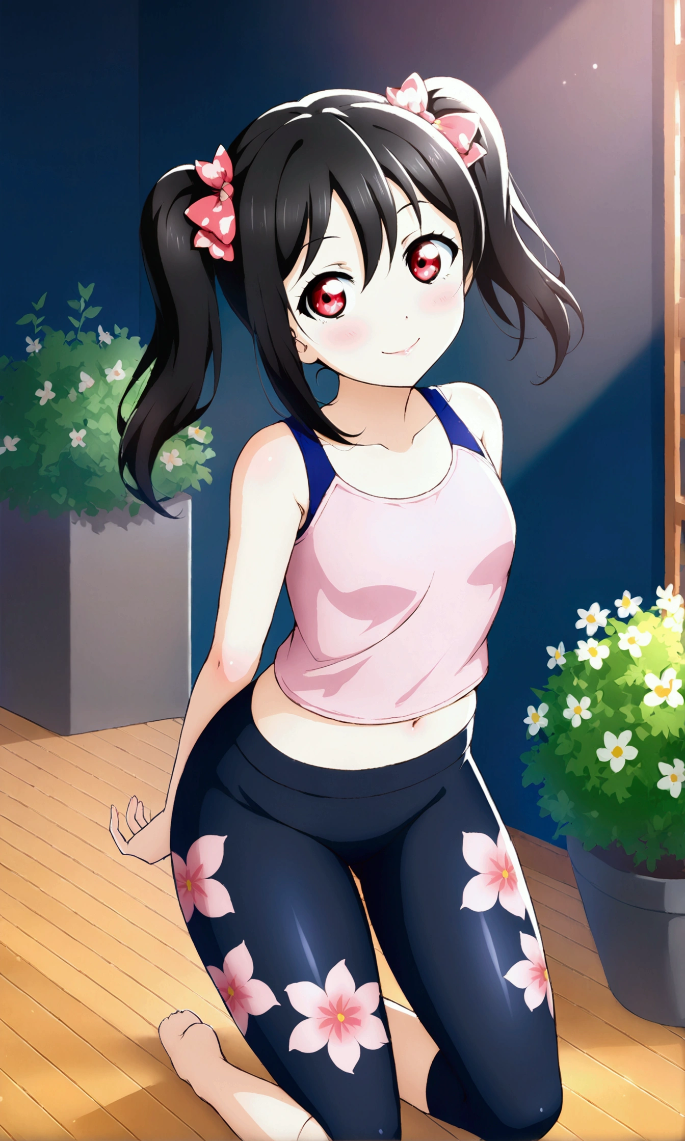 masterpiece, best quality, from behind,yazawa nico, black hair, twintails, red eyes, clavicle, volumetric lighting, illustration, beautiful, tight , Blushing, breasts, looking at viewer, flowers printed tank top, yoga pants,solo, curvy body,floral print, looking to the side, seductive smile, (arms behind back, head tilt:1.1),(breathtaking scenery:1.1), tree, blushing full body shot