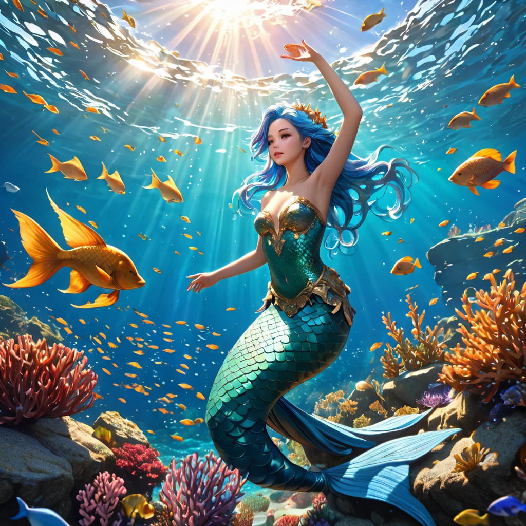 cute 20 year old mermaid with blue hair dancing with fishes in the ocean below the surface enjoying the sunlight, sun is shining, beautiful mermaid, beautiful detailed human face, red lips, alluring eyes, elaborated mermaid tail, serene, masterpiece, full body shot, highres, high resolution, high quality, intricate details, extremely detailed, incredible details, full colored, complex details, insanely detailed and intricate, extremely detailed with rich colors. masterpiece, best quality, HDR, UHD, unreal engine, High quality, gorgeous, glamorous, 8k, super detail, gorgeous light and shadow, detailed decoration, detailed lines, glittery, fantasy, pretty colors, anime style