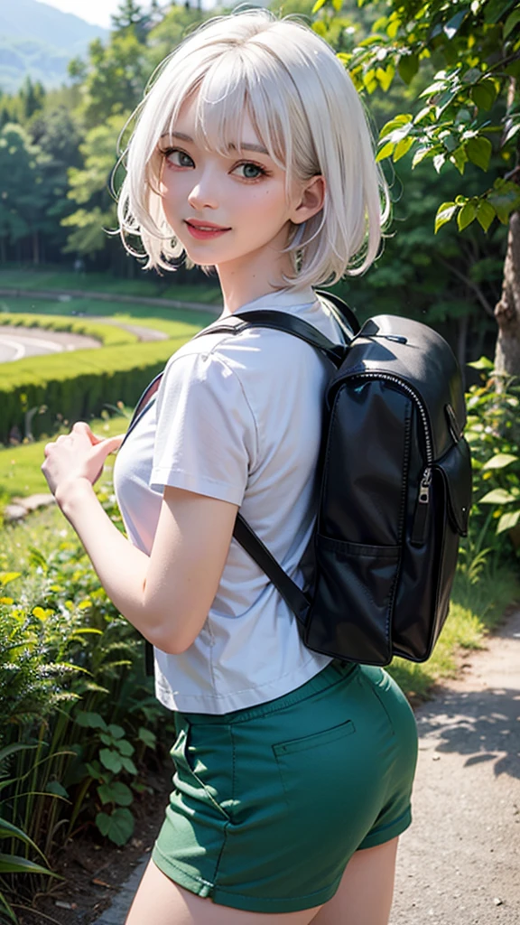 masterpiece: 2, best quality, ultra high-res, original, extremely detailed, perfect lighting, backpack, traveller, hiking, waist-up portrait, extremely detailed face, (white hair), smile, (short hair), green eyes:1.5), summer hiking outfit, traveller