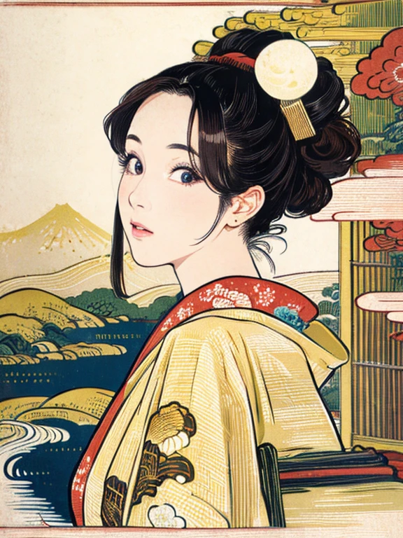 (Highest quality、 8k 、masterpiece、High resolution)、(whole body)、Vibrant colors、Brown-black bob、Traditional topknot、Ample breasts、(Highly detailed face and eyes,Beautiful Face,Beautiful Eyes,Beautiful nose,Pretty lips)、Official Art、Ukiyo-e style、 (Beautiful woman in kimono)、(Vivid floral patterned kimono)、background、river、bridge、Mountain、wood、Starry Sky、moon、Detailed CG、