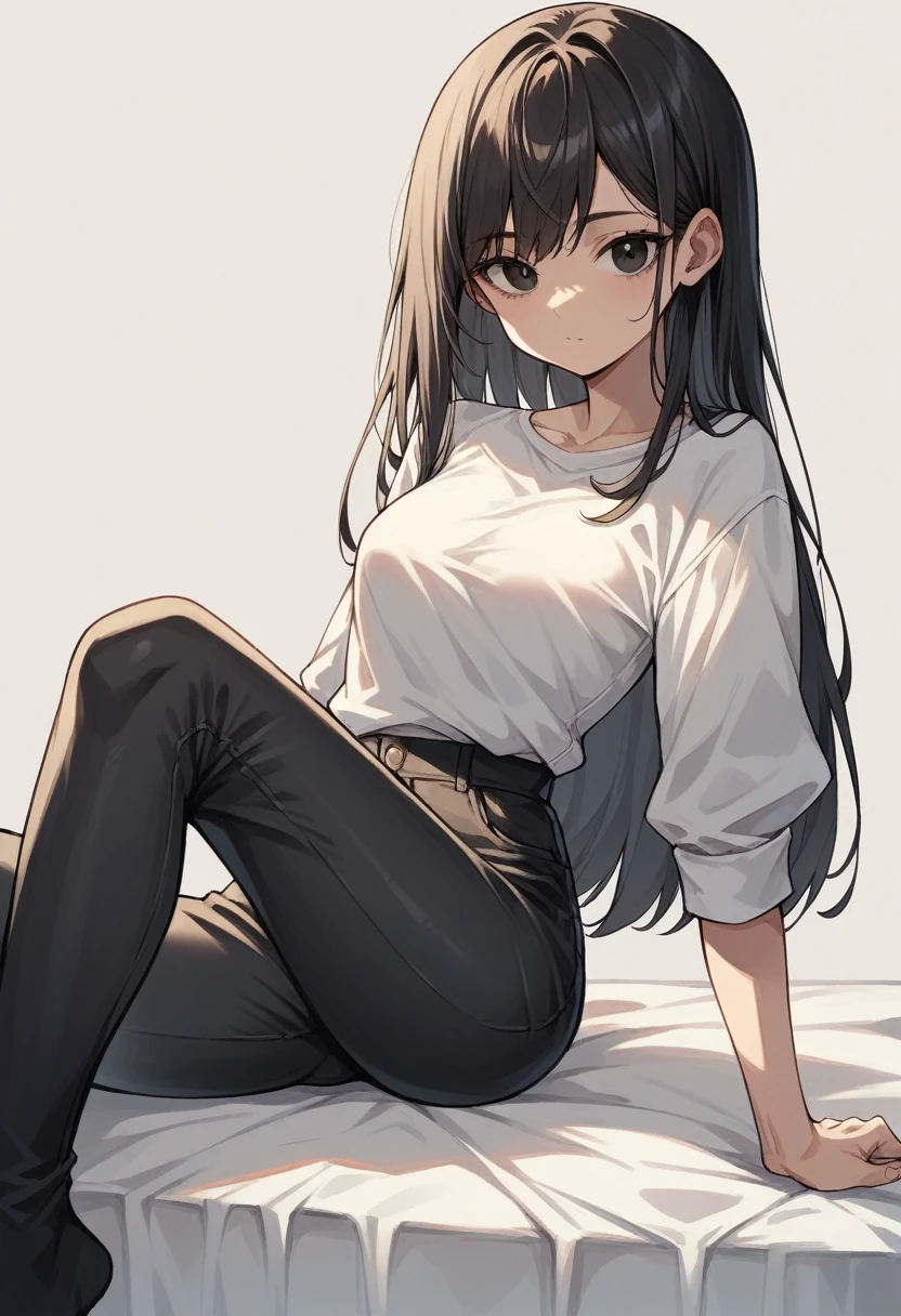 Genarate Beautiful Indian Girl age between 18 25 , slim and black eyes long black hair wearing black pant and white shirt looking camare side
