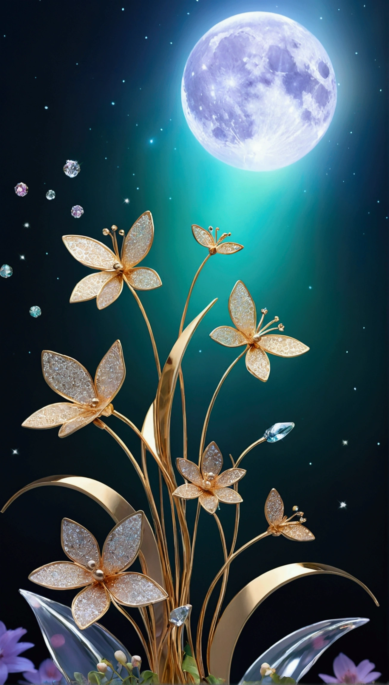 Clear sky, star-filled sky, aurora,moon light,All expressed with jewels, the arrival of spring, 
, beautiful batterflys,angles looking up from below, various jewels falling from the sky, wonderful and beautiful superb view, slightly hazy, fantastic, high resolution, 8K, (best quality, highres, realistic:1.37), shiny metallic flowers, intricate and delicate petals, reflective surfaces, vibrant colors, intricate details, close-up view, surreal garden, surreal beauty, dreamy atmosphere, fine art, abstract botanicals, metallic sculpture, contrasting textures, ethereal glow