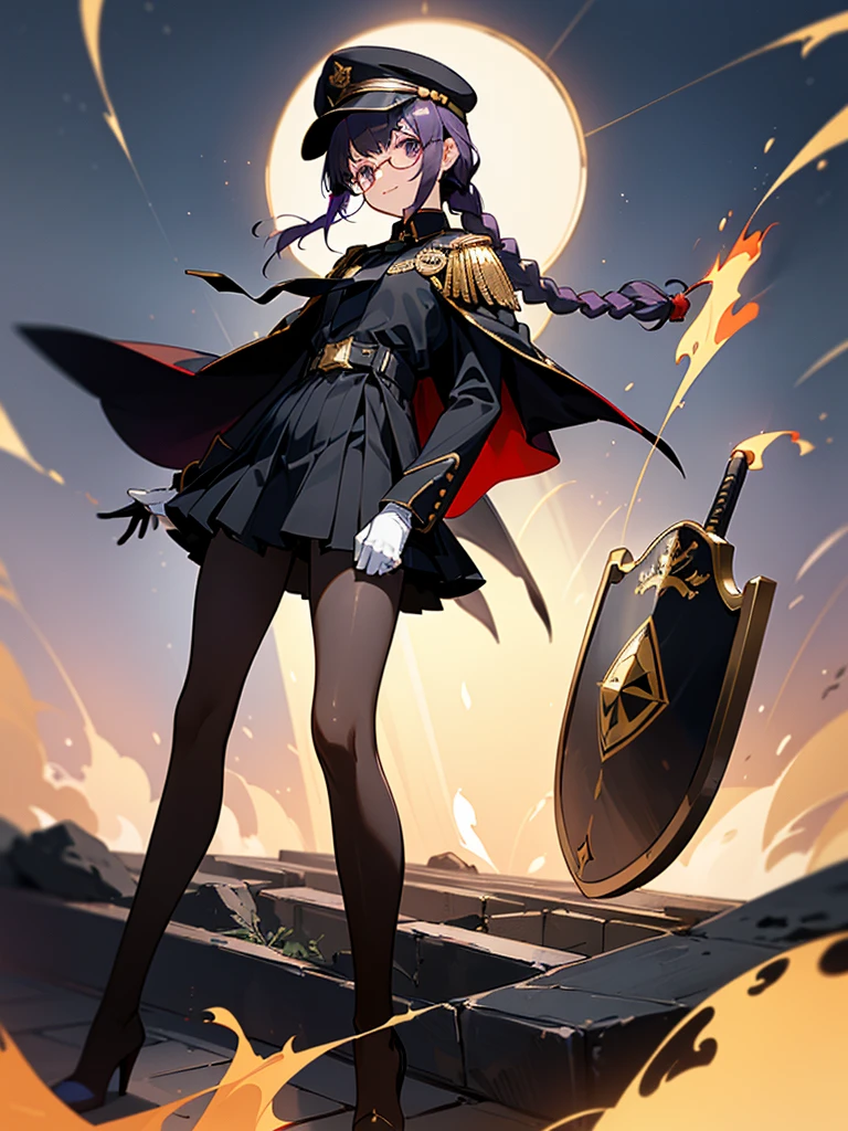 realisitic, City Deserted, Pile of rubble, Brick building, a one woman (18 years old, far away blackw hair, far away slits, Eyes red, glare eyes, 精致的面容, standing (In floor, feet shoulder-width apart), Lolita style military uniform (blackw base, Red Insert, golden decoration, volantes, wide sleeves, dainty and delicate detailing armors), blackw far away gloves (blackw, Red Insert, golden decoration, small hands, armors), blackw far away gloves, knee high boots (blackw, high-heels, red soles), ha (blackw, aba dourada, shield emblem, delicate details), arms in front, Front of belly, Holding military swords with both hands (blackw, golden decoration, delicate detail, Handle at the top, Ground-facing blade, in front of the body, far away), night sky (blackw, stele, Increased flames and smoke) Pale painting style, One Girl, super high quality, Super Detail, Super Detailed image, long hair, looking at viewer, skirt, shirt, hair ornament, violet eyes, gloves, round glasses, long sleeves, hat, closed mouth, jacket, violet hair, braid, open clothes, necktie, black gloves, black skirt, uniform, single braid, open jacket, black jacket, black headwear, 手链, Peaked cap, black necktie, cropped jacket, military hat, pantyhose, Flat Chest, smile, Black Cape