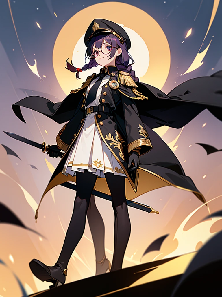 realisitic, City Deserted, Pile of rubble, Brick building, a one woman (18 years old, far away blackw hair, far away slits, Eyes red, glare eyes, 精致的面容, standing (In floor, feet shoulder-width apart), Lolita style military uniform (blackw base, Red Insert, golden decoration, volantes, wide sleeves, dainty and delicate detailing armors), blackw far away gloves (blackw, Red Insert, golden decoration, small hands, armors), blackw far away gloves, knee high boots (blackw, high-heels, red soles), ha (blackw, aba dourada, shield emblem, delicate details), arms in front, Front of belly, Holding military swords with both hands (blackw, golden decoration, delicate detail, Handle at the top, Ground-facing blade, in front of the body, far away), night sky (blackw, stele, Increased flames and smoke) Pale painting style, One Girl, super high quality, Super Detail, Super Detailed image, long hair, looking at viewer, skirt, shirt, hair ornament, violet eyes, gloves, round glasses, long sleeves, hat, closed mouth, jacket, violet hair, braid, open clothes, necktie, black gloves, black skirt, uniform, single braid, open jacket, black jacket, black headwear, 手链, Peaked cap, black necktie, cropped jacket, military hat, pantyhose, Flat Chest, smile, Black Cape