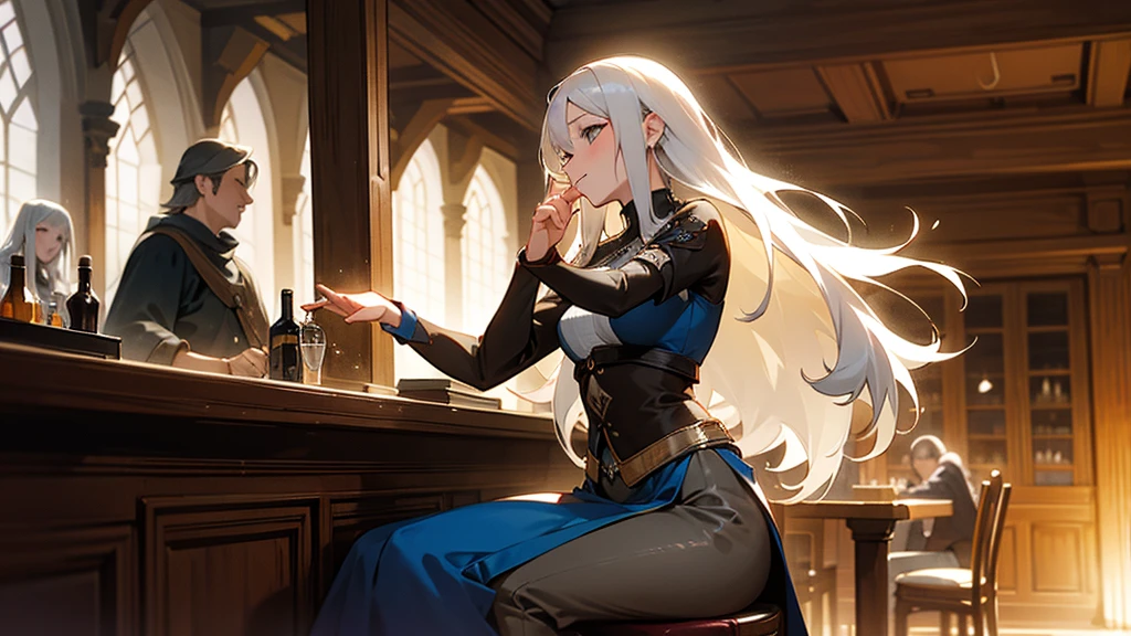 A beautiful woman is sitting and listening to music, a beautiful woman with long grey hair showing her and pussy, men and women are enjoying music and dancing at a bar, heartwarming, medieval, minstrel, epic,