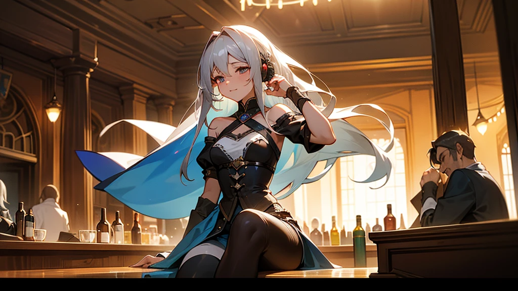 A beautiful woman is sitting and listening to music, with long grey hair, men and women are enjoying music and dancing at a bar, heartwarming, medieval, bard, epic,