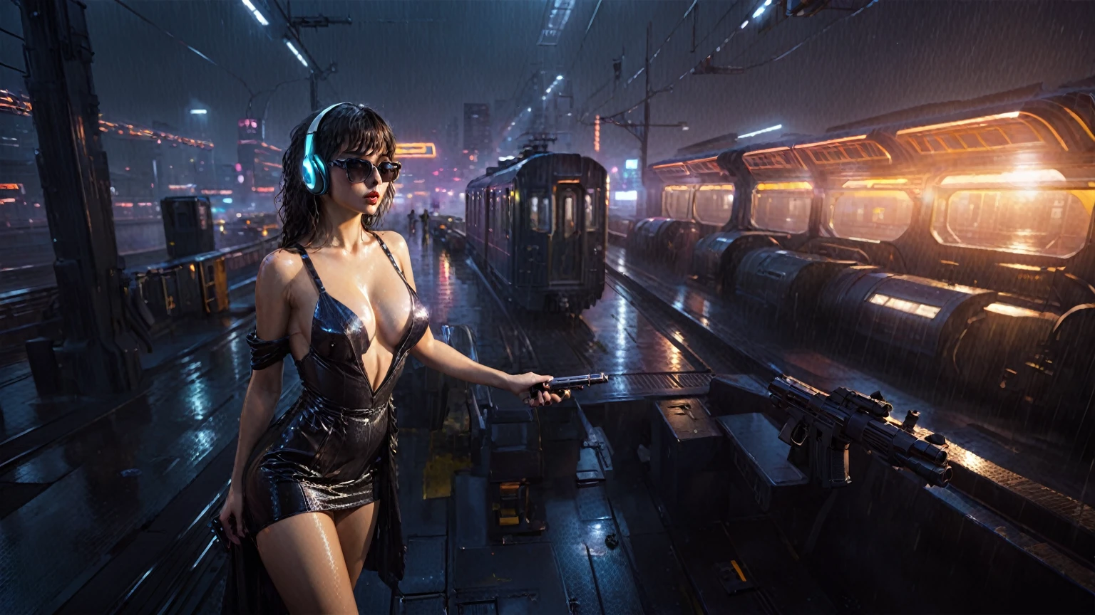 (((aerial view))), Blade Runner style futuristic railway platform, hi-tech train, neon lights, rainy night. (1girl, solo, alone), large-breast:1.2 slim body, cleavage:1.1, sexy wind blowing wet dress:1.4, headphone, (black sunglasses), (((she raised a pistol:1.8 and shot:1.8 the viewer))), dynamic pose, (((half-body thigh level medium shot))), cinematic lighting, lens flare, ray tracing, zoom-in blurred:1.4 background.