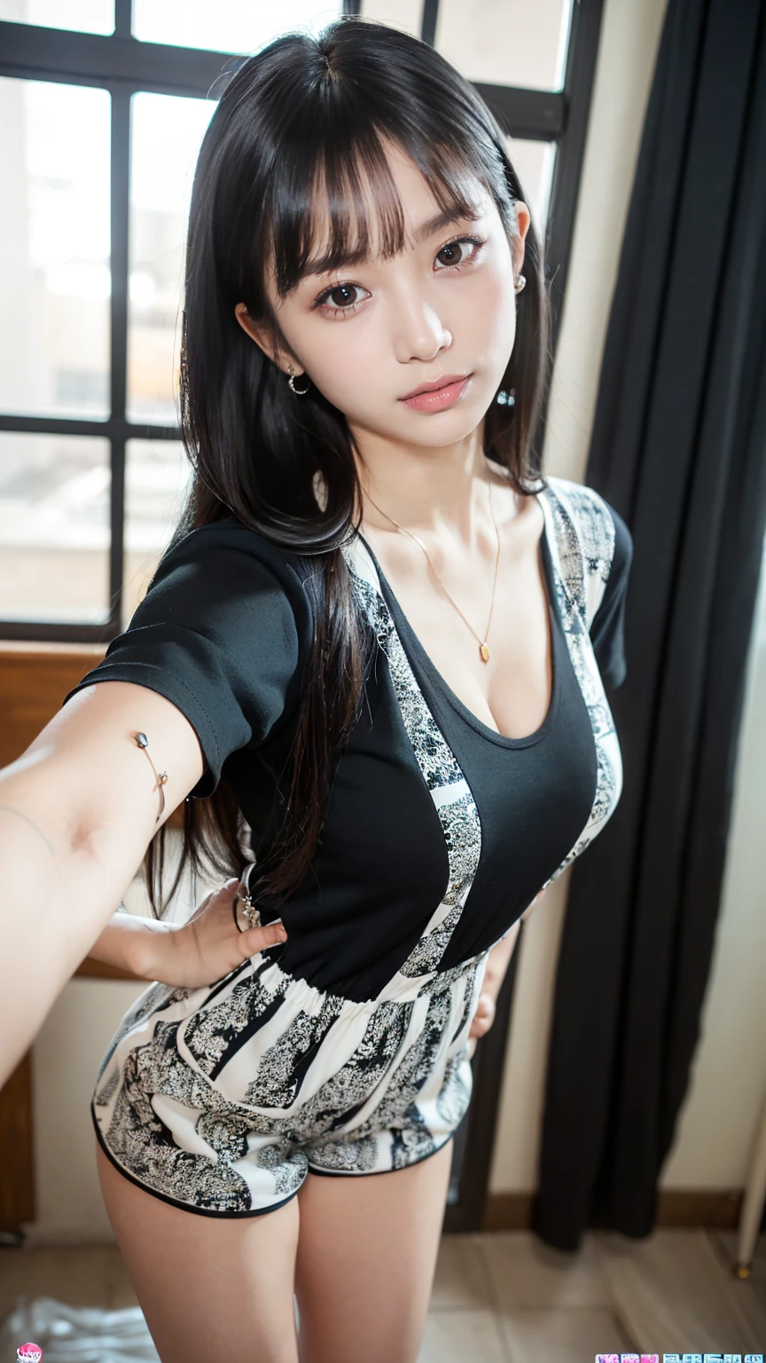 (masterpiece, Highest quality:1.3), smile、(Very detailed:1.2), (hyperRealistic:1.3), (RAW Photos:1.2),High resolution raw color photos, Professional photos, (PhotoRealistic:1.4), (Realistic:1.4),(Small Nose:1.4)、(Glare:1.4)、Big eyes、Long eyelashes、Professional Lighting, Perfect Anatomy, (Very large breasts:1.2), (Detailed face), (Cute appearance:1.5), (Long black hair:1.5), necklace, bracelet, sexy, erotic sexy, (Standing Gravure Pose:1.8), (Beautiful woman wearing short sleeve romper: 1.3)、(Multiple ear piercings:1.4)、(Selfie:1.4)